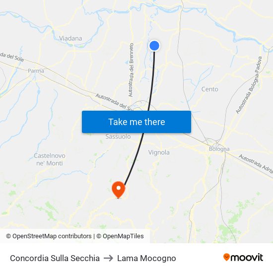 Concordia Sulla Secchia to Lama Mocogno map