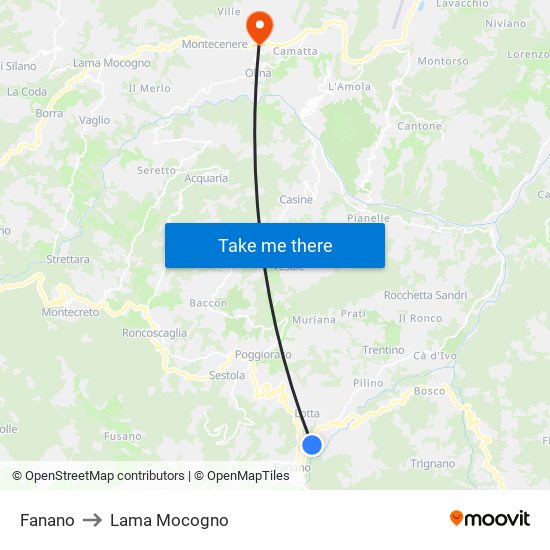 Fanano to Lama Mocogno map