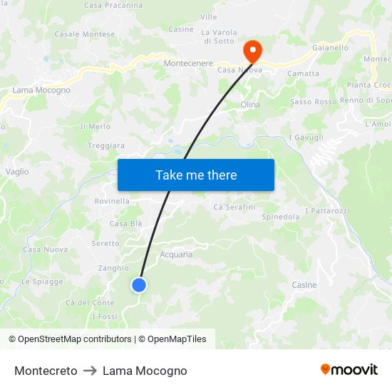 Montecreto to Lama Mocogno map