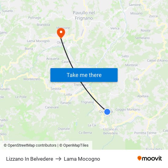 Lizzano In Belvedere to Lama Mocogno map