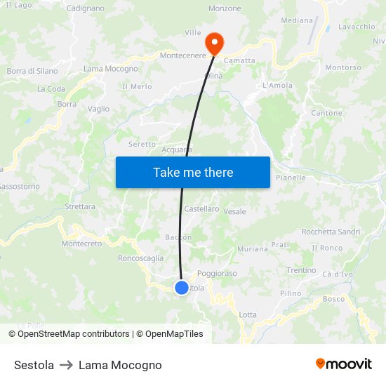 Sestola to Lama Mocogno map