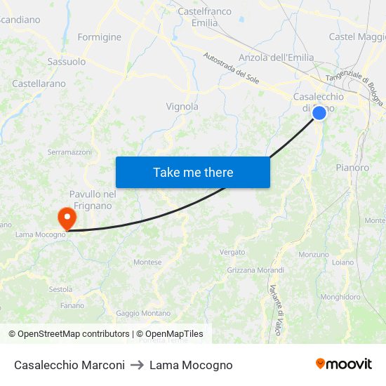 Casalecchio Marconi to Lama Mocogno map