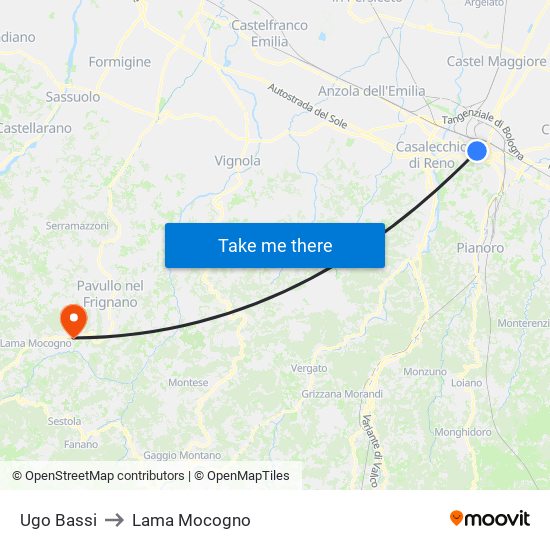 Ugo Bassi to Lama Mocogno map