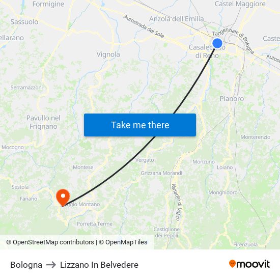 Bologna to Lizzano In Belvedere map