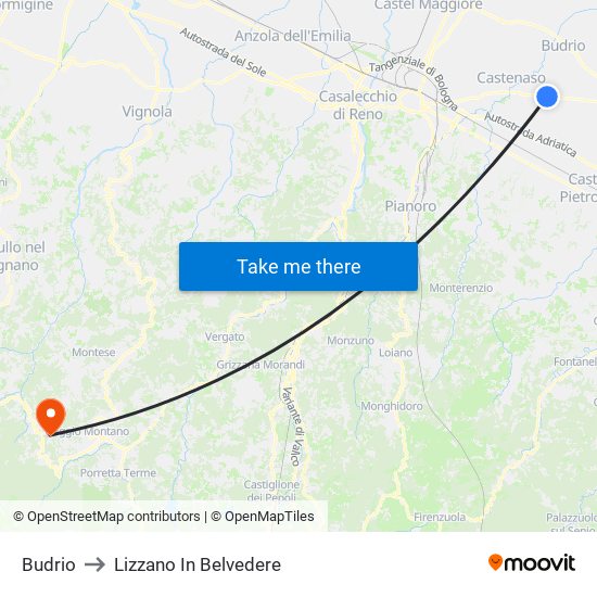 Budrio to Lizzano In Belvedere map