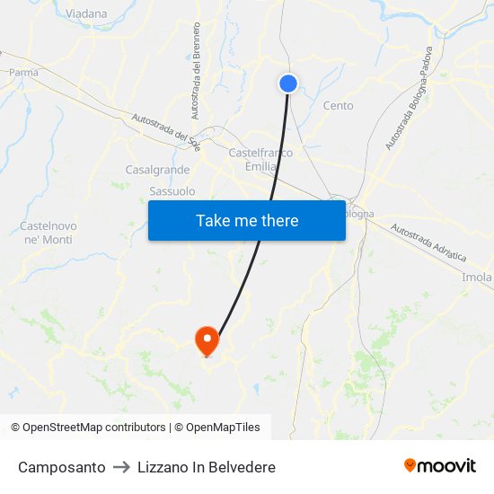 Camposanto to Lizzano In Belvedere map