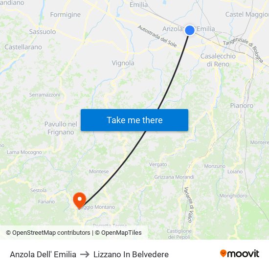 Anzola Dell' Emilia to Lizzano In Belvedere map
