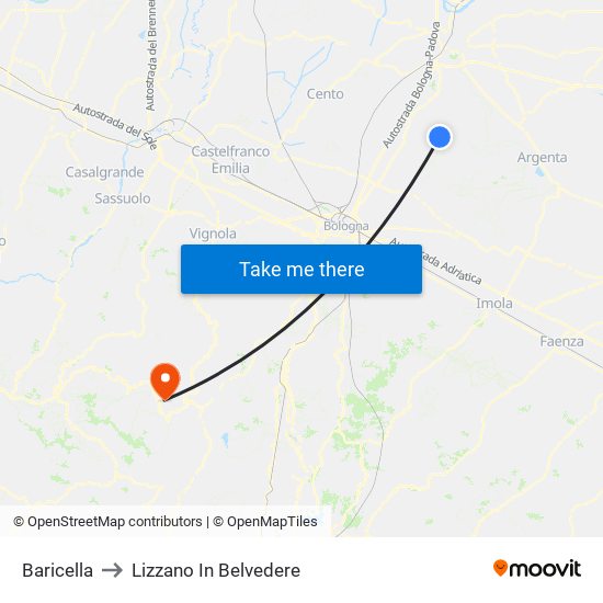 Baricella to Lizzano In Belvedere map