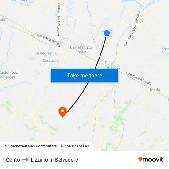 Cento to Lizzano In Belvedere map