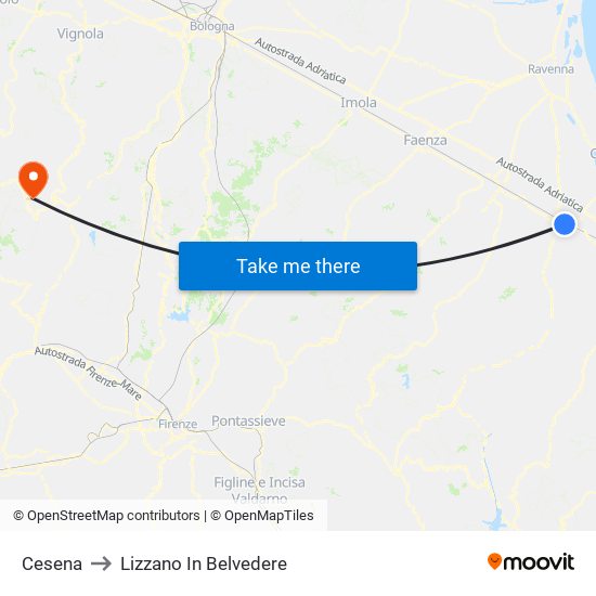 Cesena to Lizzano In Belvedere map