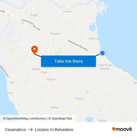 Cesenatico to Lizzano In Belvedere map