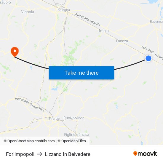 Forlimpopoli to Lizzano In Belvedere map