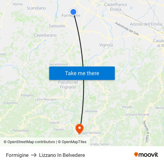 Formigine to Lizzano In Belvedere map