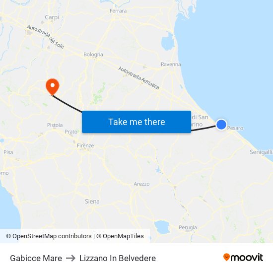 Gabicce Mare to Lizzano In Belvedere map