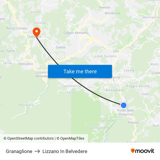 Granaglione to Lizzano In Belvedere map