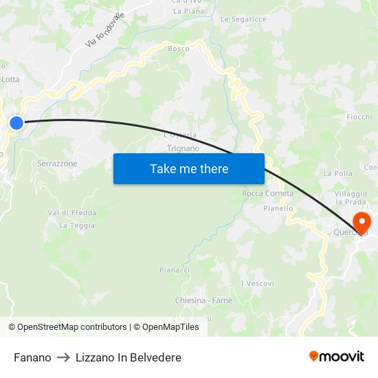 Fanano to Lizzano In Belvedere map