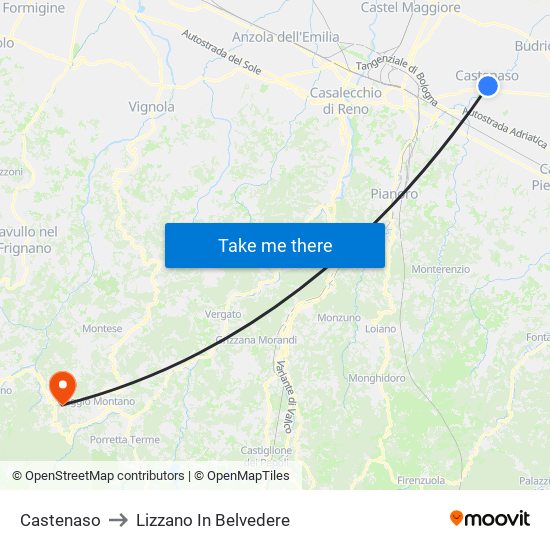 Castenaso to Lizzano In Belvedere map
