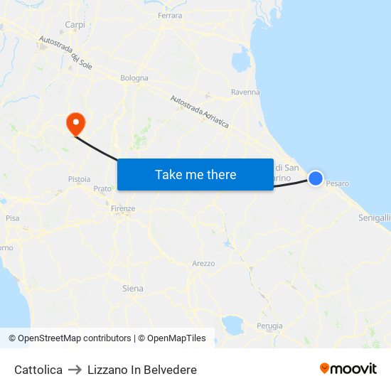 Cattolica to Lizzano In Belvedere map