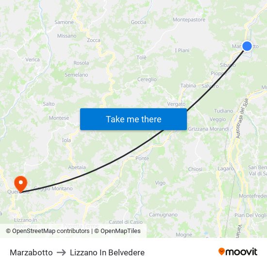 Marzabotto to Lizzano In Belvedere map