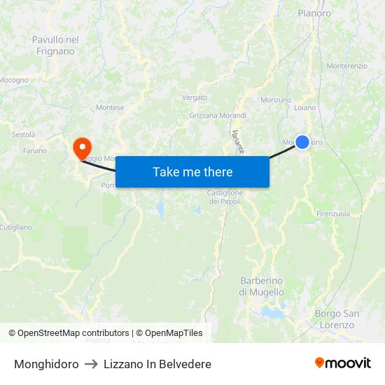 Monghidoro to Lizzano In Belvedere map