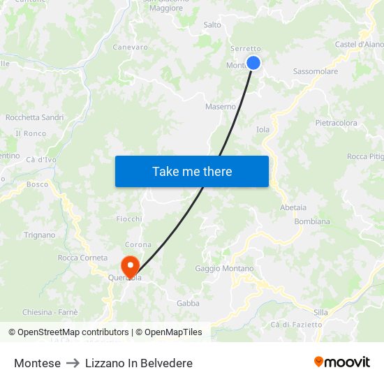 Montese to Lizzano In Belvedere map