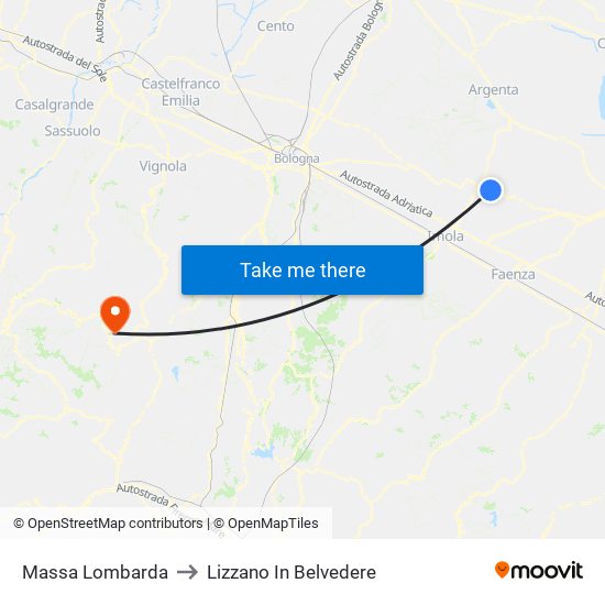 Massa Lombarda to Lizzano In Belvedere map