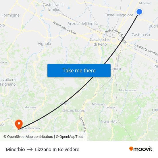 Minerbio to Lizzano In Belvedere map