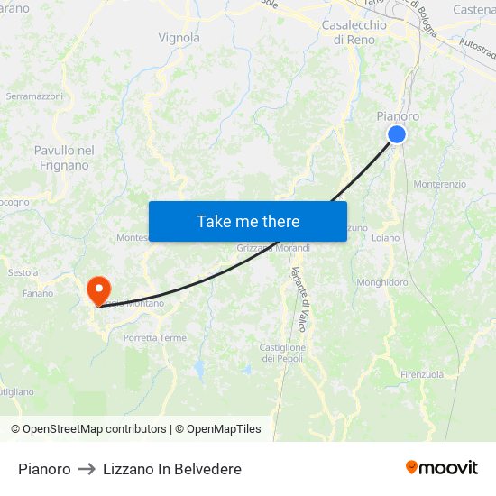 Pianoro to Lizzano In Belvedere map