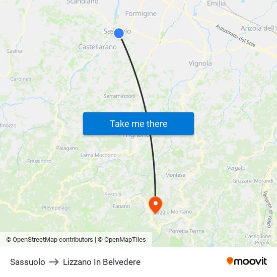 Sassuolo to Lizzano In Belvedere map