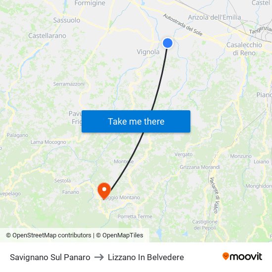 Savignano Sul Panaro to Lizzano In Belvedere map