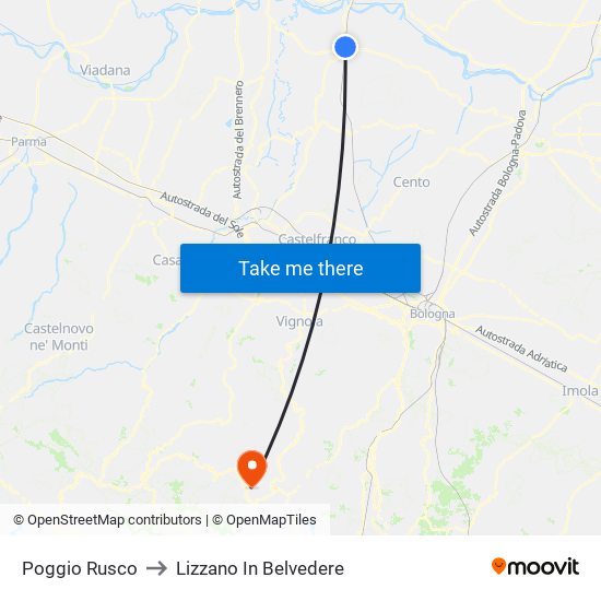 Poggio Rusco to Lizzano In Belvedere map