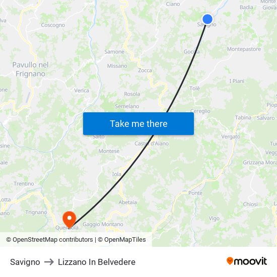 Savigno to Lizzano In Belvedere map