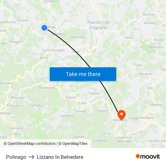 Polinago to Lizzano In Belvedere map