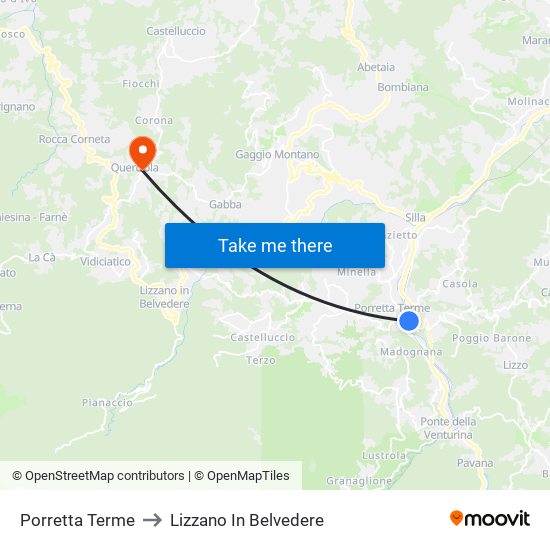 Porretta Terme to Lizzano In Belvedere map