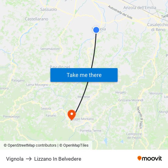 Vignola to Lizzano In Belvedere map