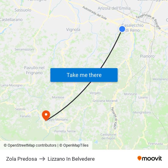 Zola Predosa to Lizzano In Belvedere map