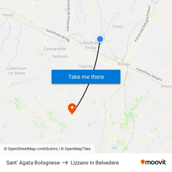 Sant' Agata Bolognese to Lizzano In Belvedere map