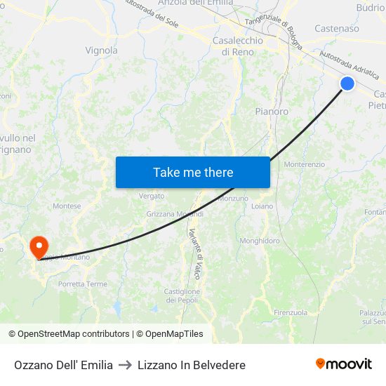 Ozzano Dell' Emilia to Lizzano In Belvedere map