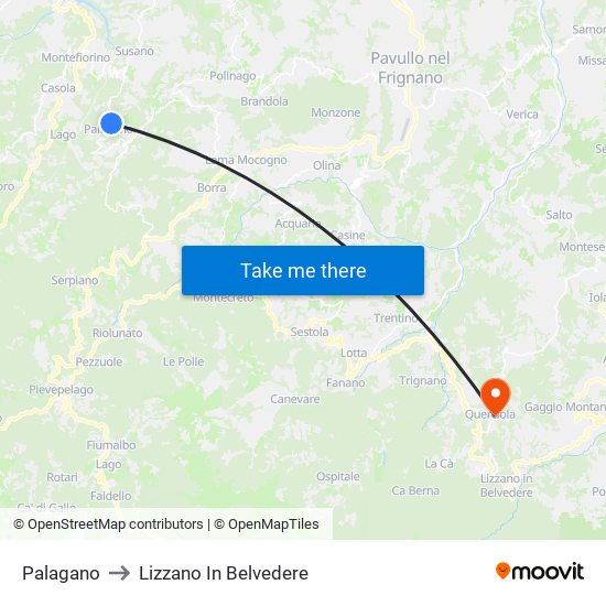 Palagano to Lizzano In Belvedere map