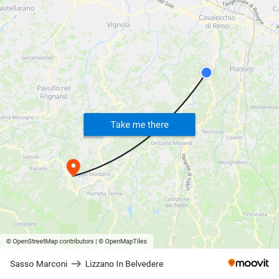 Sasso Marconi to Lizzano In Belvedere map