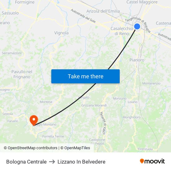 Bologna Centrale to Lizzano In Belvedere map