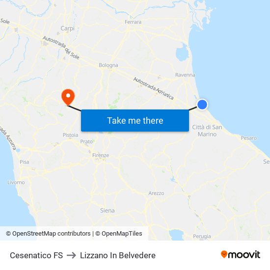 Cesenatico FS to Lizzano In Belvedere map