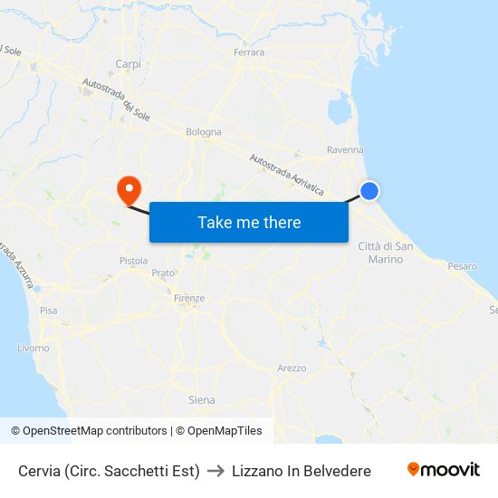 Cervia (Circ. Sacchetti Est) to Lizzano In Belvedere map
