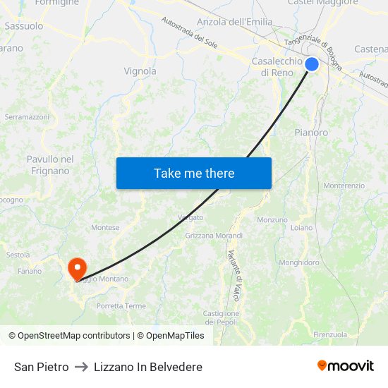 San Pietro to Lizzano In Belvedere map