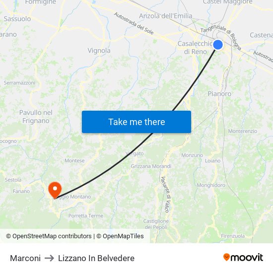 Marconi to Lizzano In Belvedere map