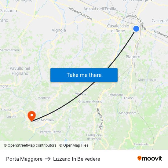 Porta Maggiore to Lizzano In Belvedere map