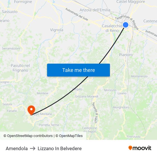 Amendola to Lizzano In Belvedere map