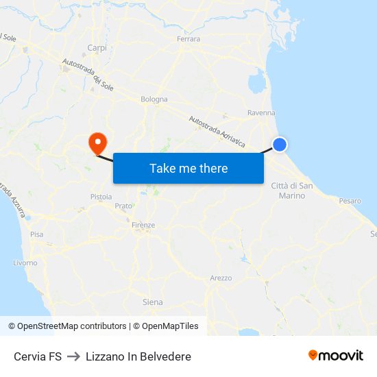 Cervia FS to Lizzano In Belvedere map