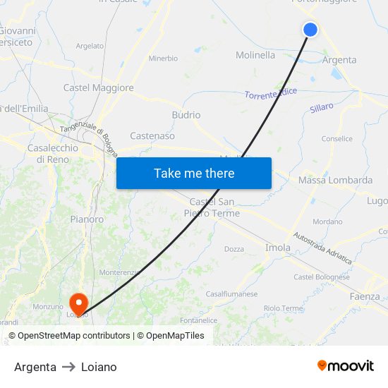Argenta to Loiano map