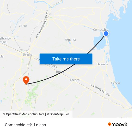 Comacchio to Loiano map